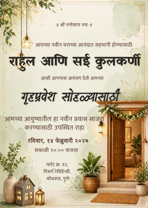 Serene Housewarming Welcome (Marathi) — Housewarming invitation card template