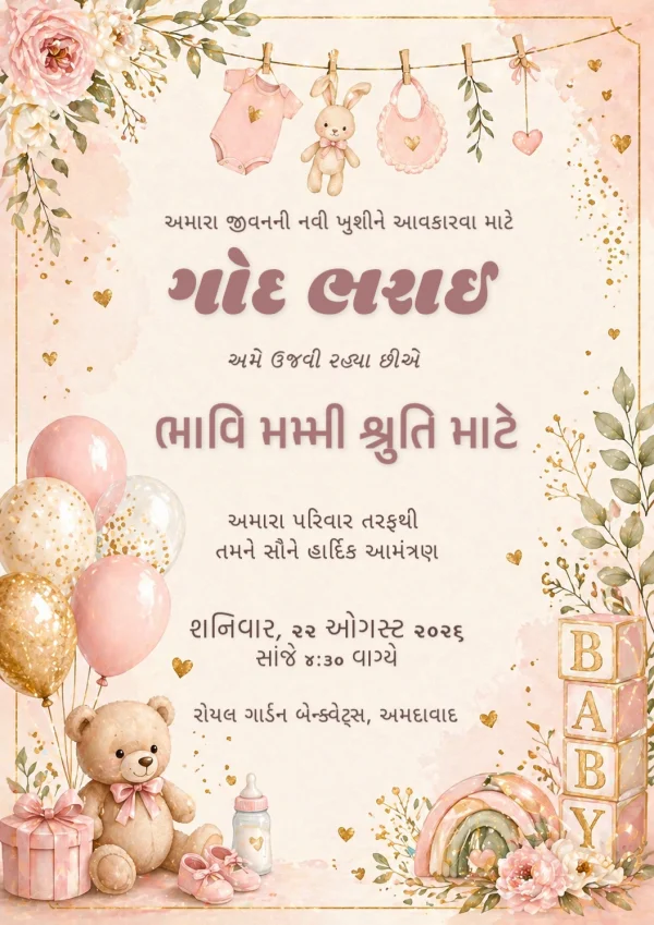 Blush Baby Shower Celebration (Gujarati) — Baby Shower invitation card template