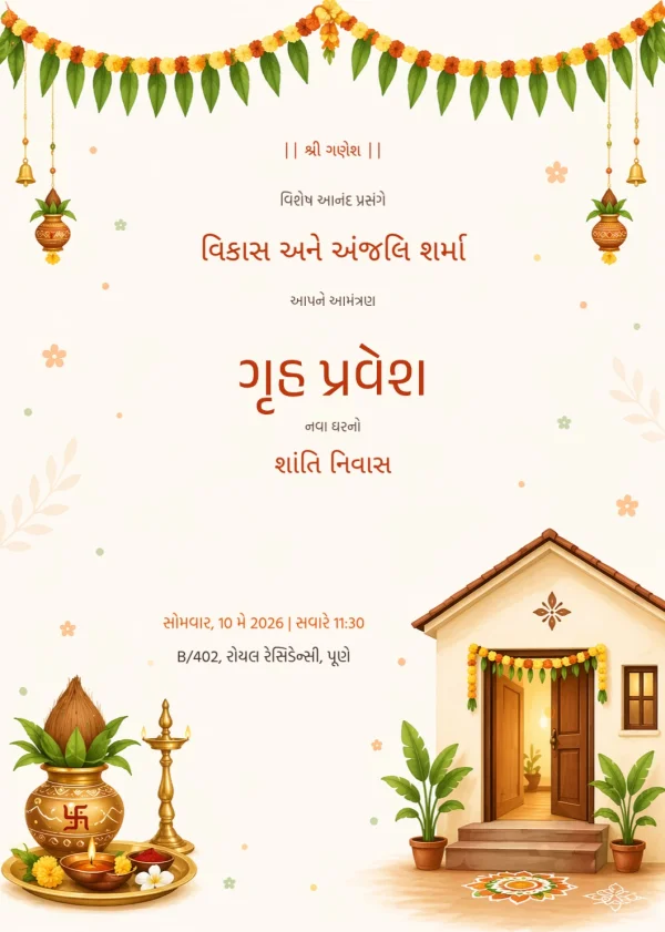 Traditional Griha Pravesh (Gujarati) — Housewarming invitation card template