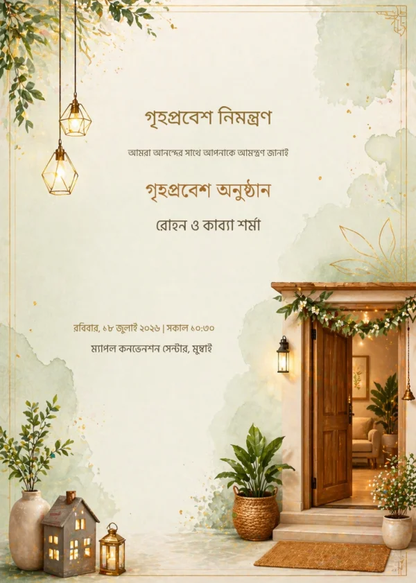 Serene Housewarming Welcome (Bengali) — Housewarming invitation card template