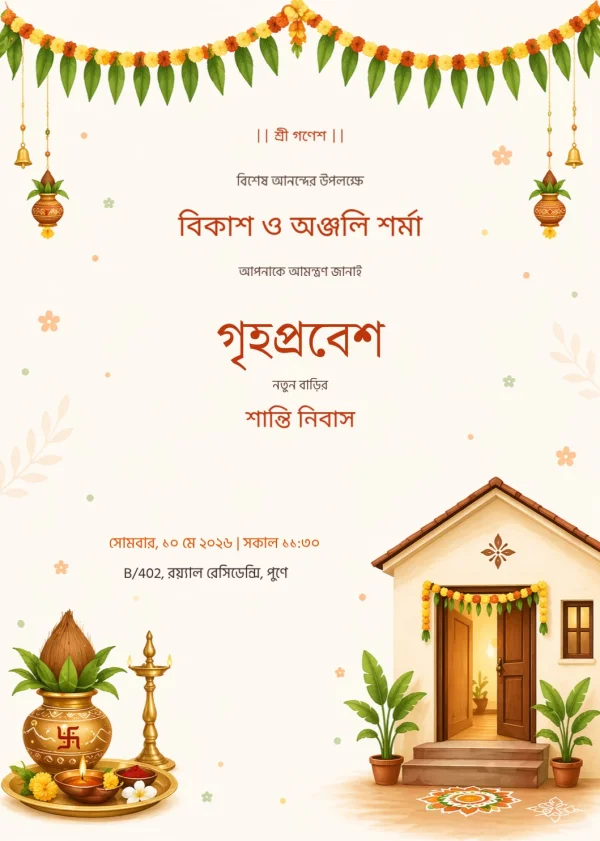 Traditional Griha Pravesh (Bengali) — Housewarming invitation card template