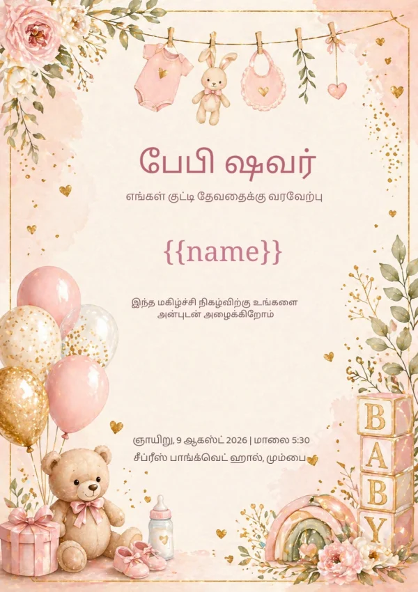 Blush Baby Shower Celebration (Tamil) — Baby Shower invitation card template