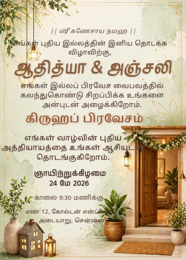 Serene Housewarming Welcome (Tamil) — Housewarming invitation card template