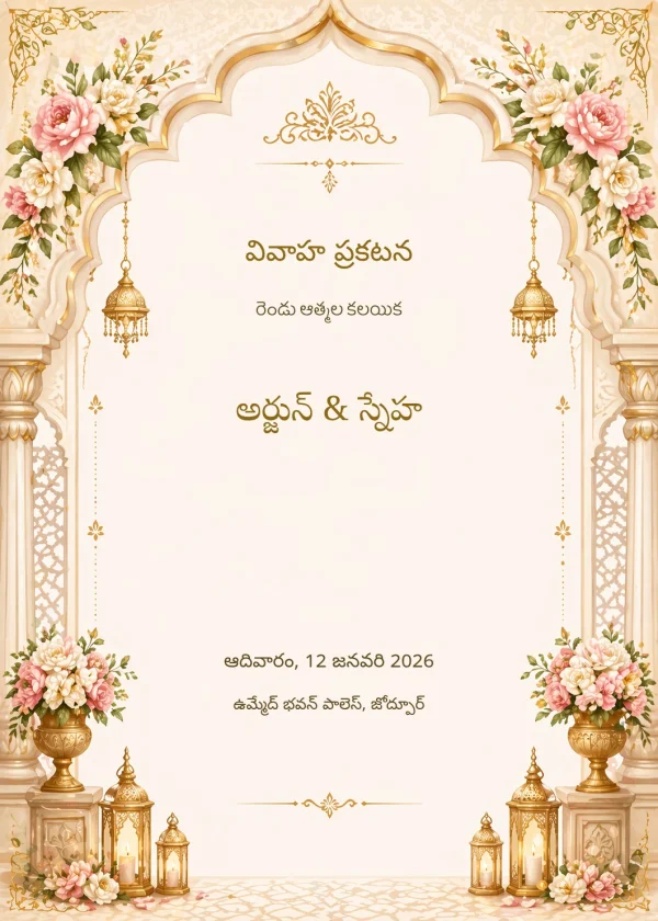 Royal Heritage Wedding (Telugu) — Wedding invitation card template