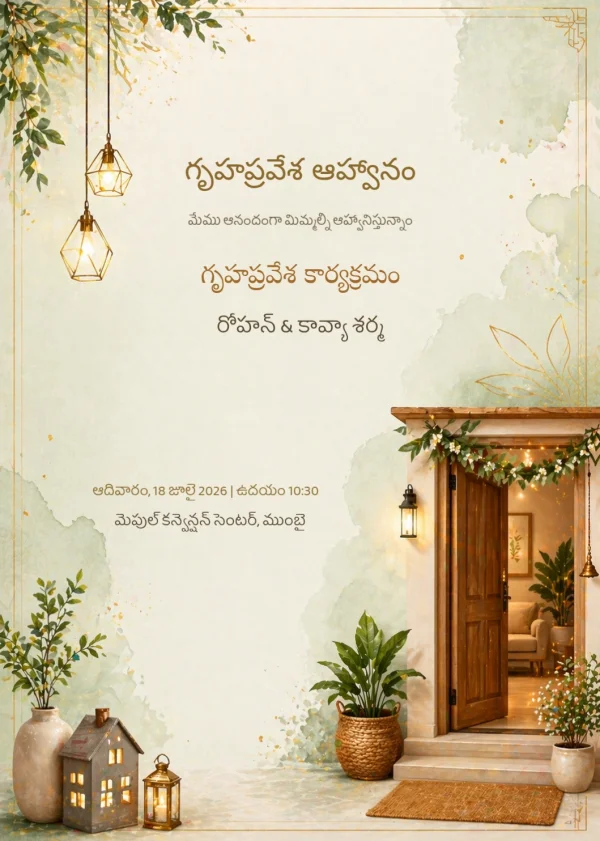 Serene Housewarming Welcome (Telugu) — Housewarming invitation card template