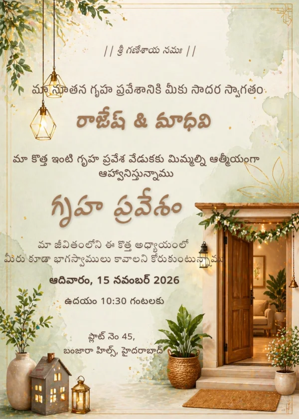 Serene Housewarming Welcome (Telugu) — Housewarming invitation card template