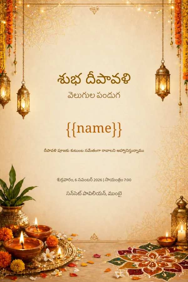 Golden Diwali Lantern Glow (Telugu) — Diwali invitation card template