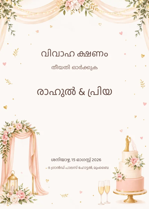 Elegant Wedding Invitation (Malayalam) — Wedding invitation card template