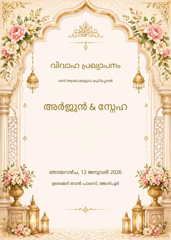 Royal Heritage Wedding (Malayalam) — Wedding invitation card template