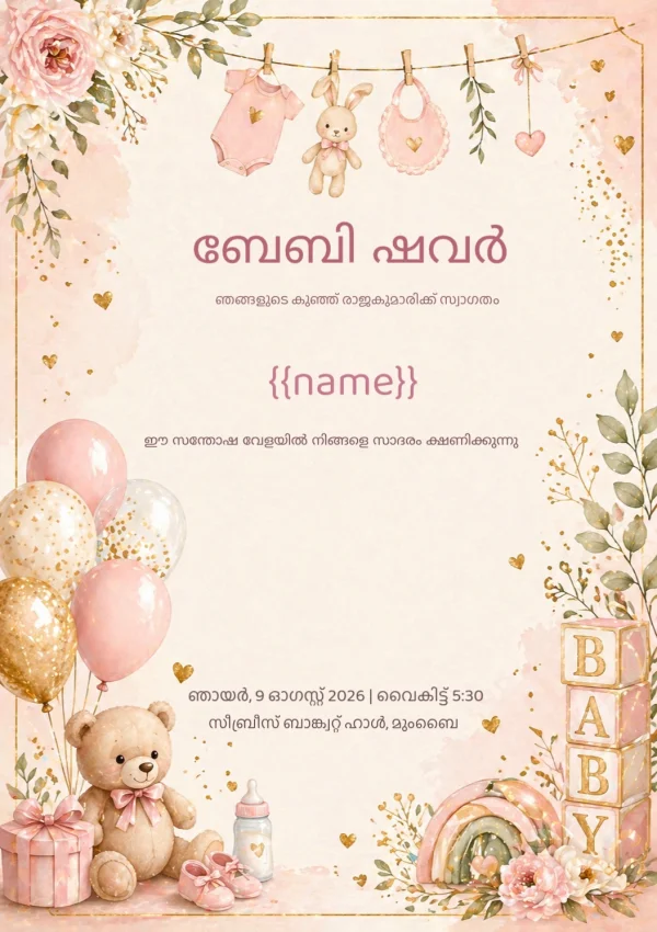 Blush Baby Shower Celebration (Malayalam) — Baby Shower invitation card template