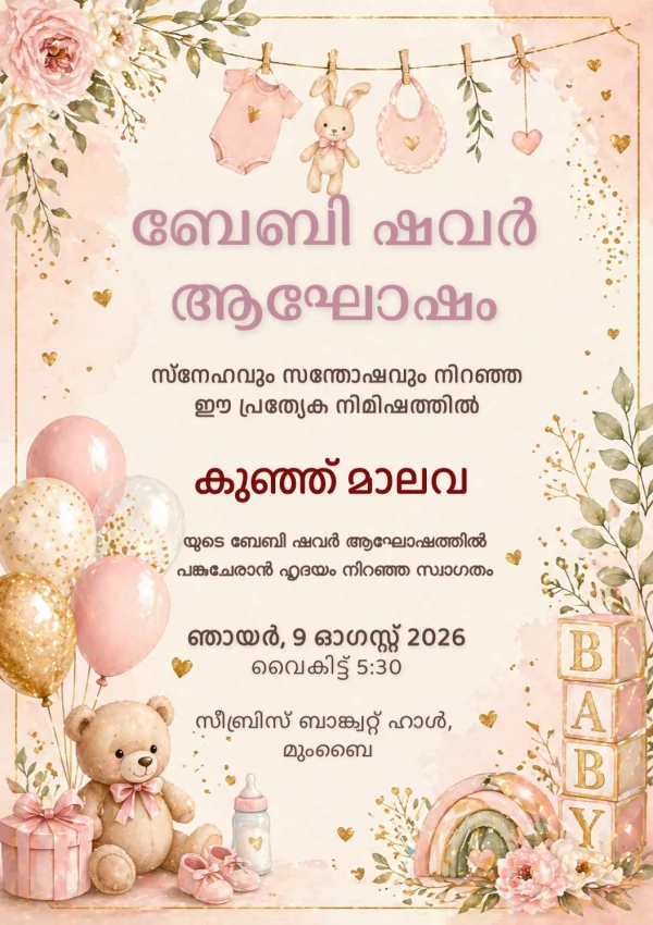 Blush Baby Shower Celebration (Malayalam) — Baby Shower invitation card template