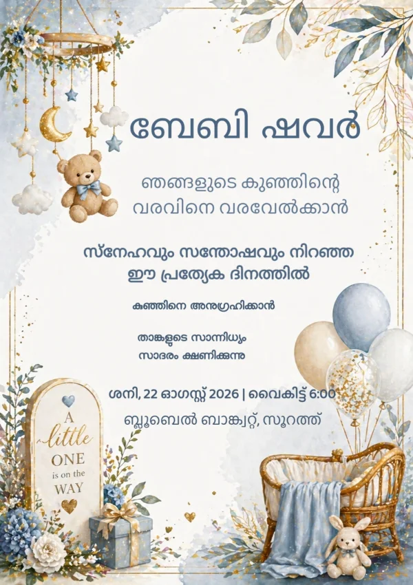 Little One Blue Moon Shower (Malayalam) — Baby Shower invitation card template