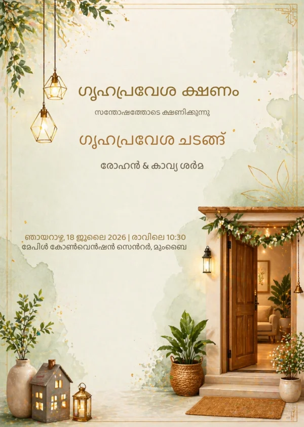 Serene Housewarming Welcome (Malayalam) — Housewarming invitation card template