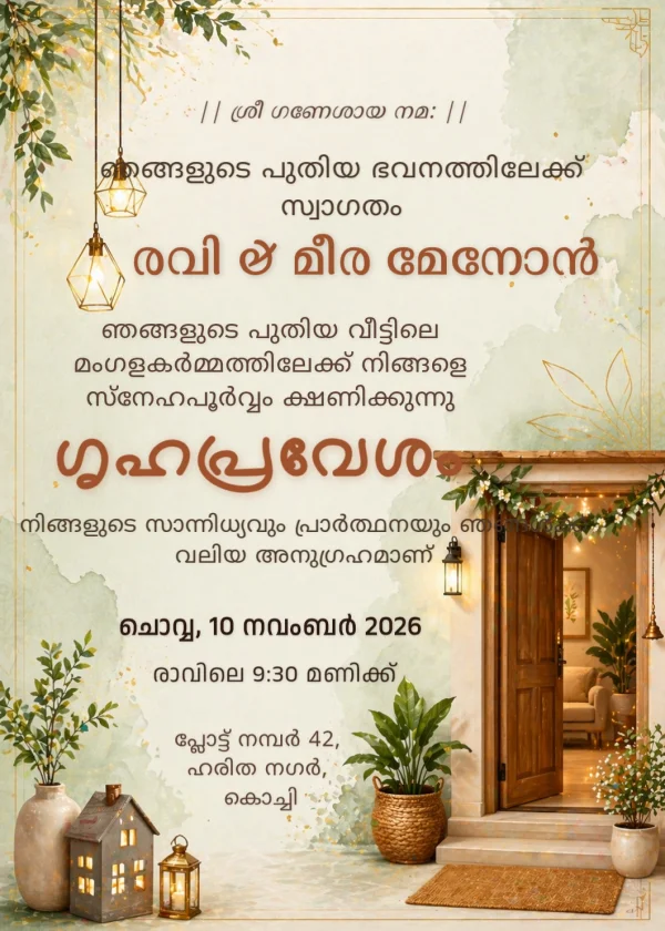 Serene Housewarming Welcome (Malayalam) — Housewarming invitation card template