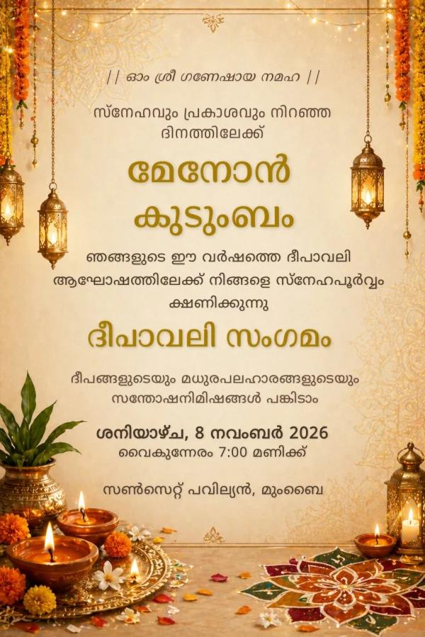 Golden Diwali Lantern Glow (Malayalam) — Diwali invitation card template