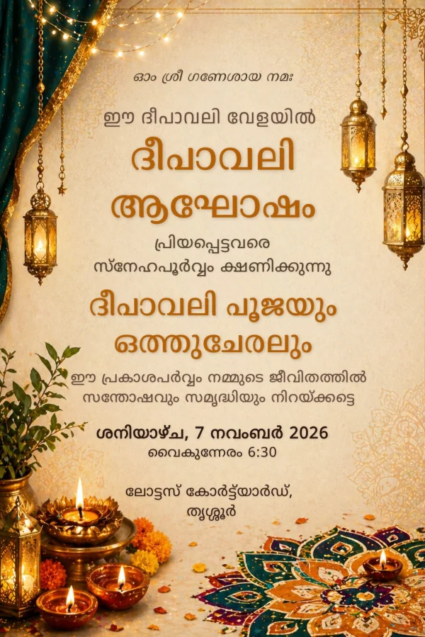 Festive Rangoli Diwali Night (Malayalam) — Diwali invitation card template