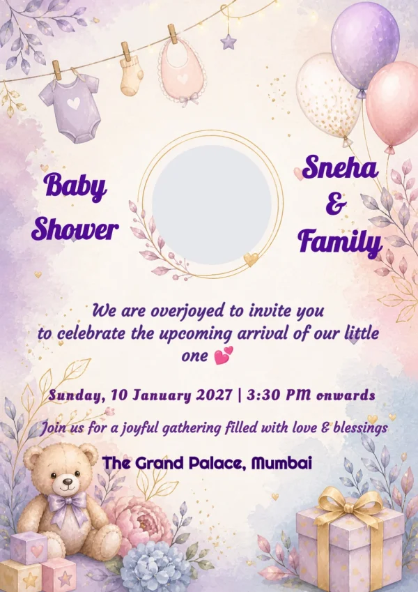 Pastel Baby Shower Invitation Template with Teddy Bear & Balloons — Baby Shower invitation card template