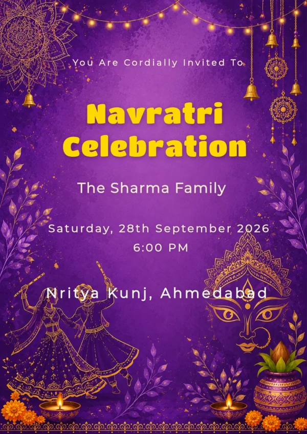 Elegant Purple Navratri Celebration Card — Navratri invitation card template