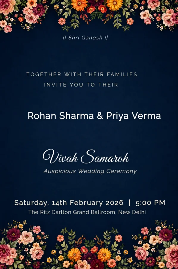 Elegant Navy Floral Wedding Invite — Wedding invitation card template