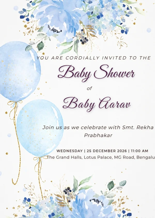 Elegant Blue Balloon Floral Celebration — Baby Shower invitation card template