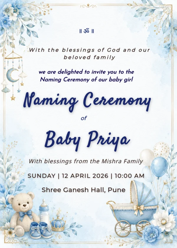 Elegant Blue Floral Naming Ceremony — Naming Ceremony invitation card template