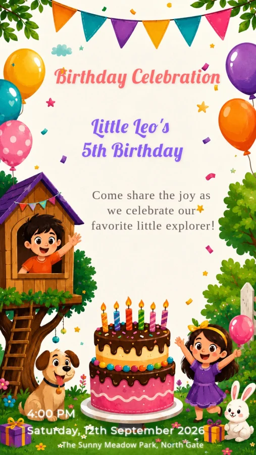 Colorful Kids Treehouse Birthday Invite — Birthday invitation card template