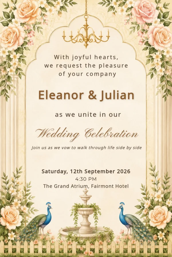 Elegant Floral Peacock Wedding Invite invitation template