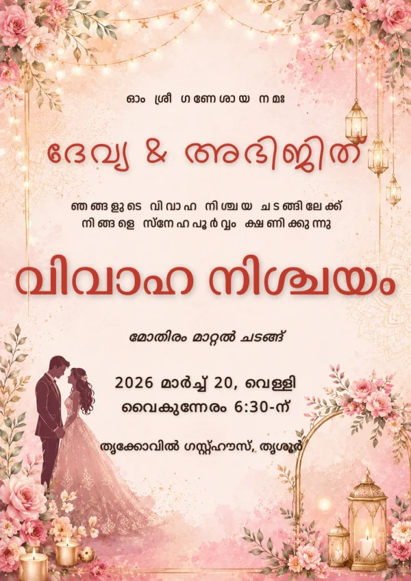 Malayalam Engagement Invitation Card — Engagement invitation card template
