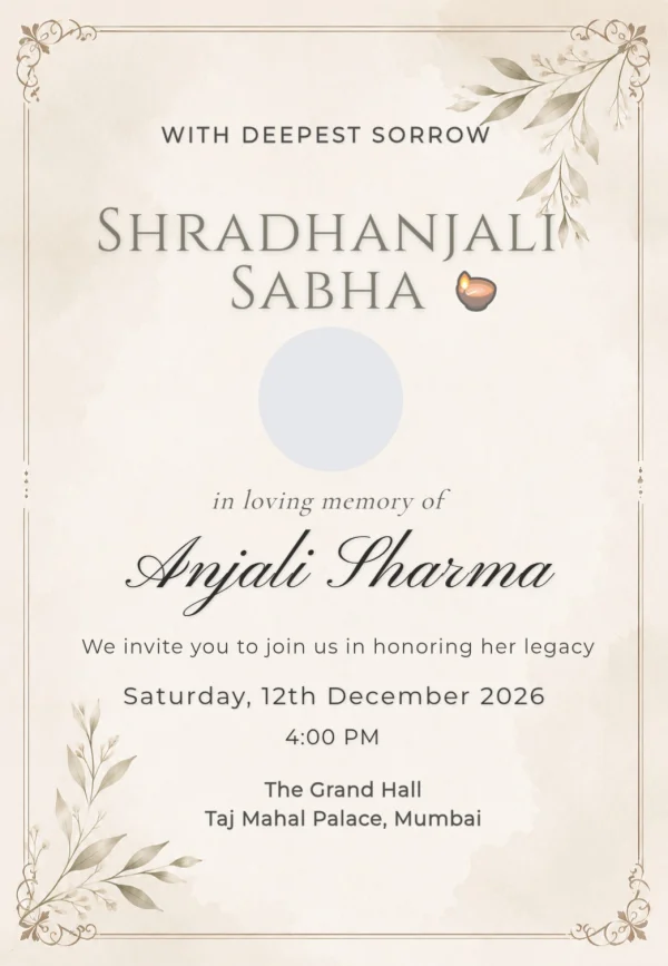 Serene Beige Floral Condolence Card — Condolence invitation card template