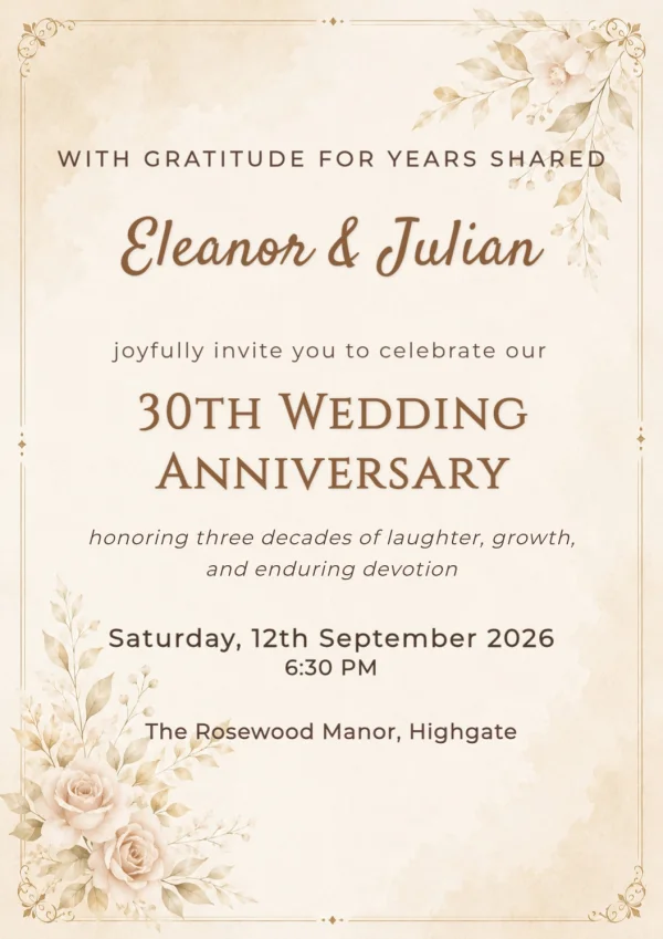 Elegant Beige Floral Anniversary Invite — Anniversary invitation card template