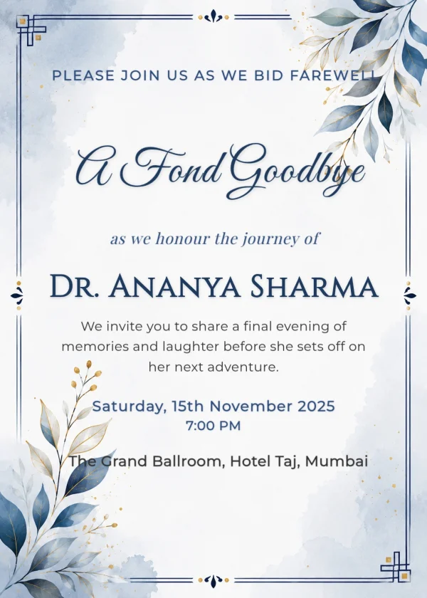 Elegant Blue Watercolor Farewell Invite — Farewell invitation card template