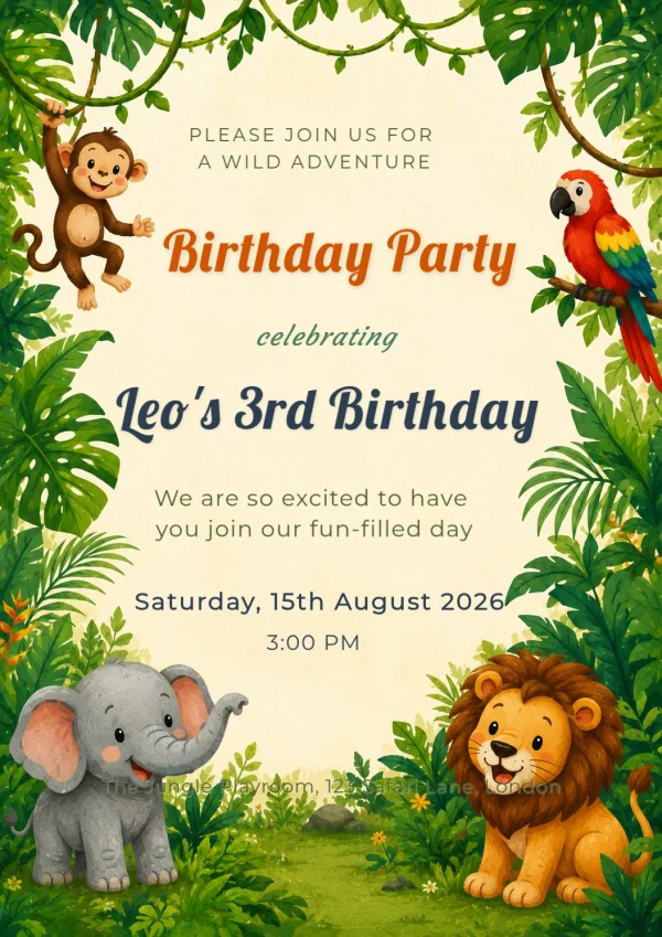Playful Jungle Animal Birthday Invite — Birthday invitation card template