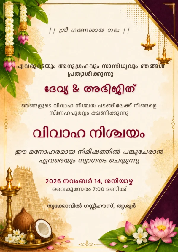 Elegant Malayalam Engagement Invitation Template — Engagement invitation card template
