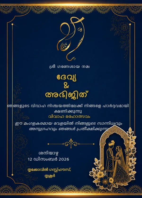 Elegant Kerala Gold Malayalam Wedding Invitation Card — Wedding invitation card template