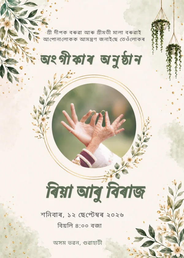 Elegant Gold Assamese Engagement Invitation Template — Engagement invitation card template