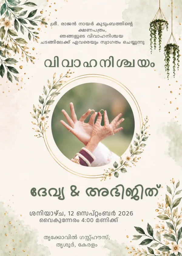 Elegant Gold Green Malayalam Engagement Invitation Template — Engagement invitation card template