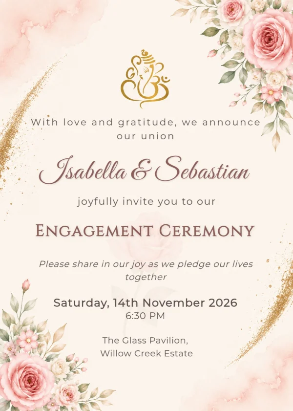 Elegant Floral Engagement Invitation Card Template | Cream & Pink Wedding Card Design — Engagement invitation card template