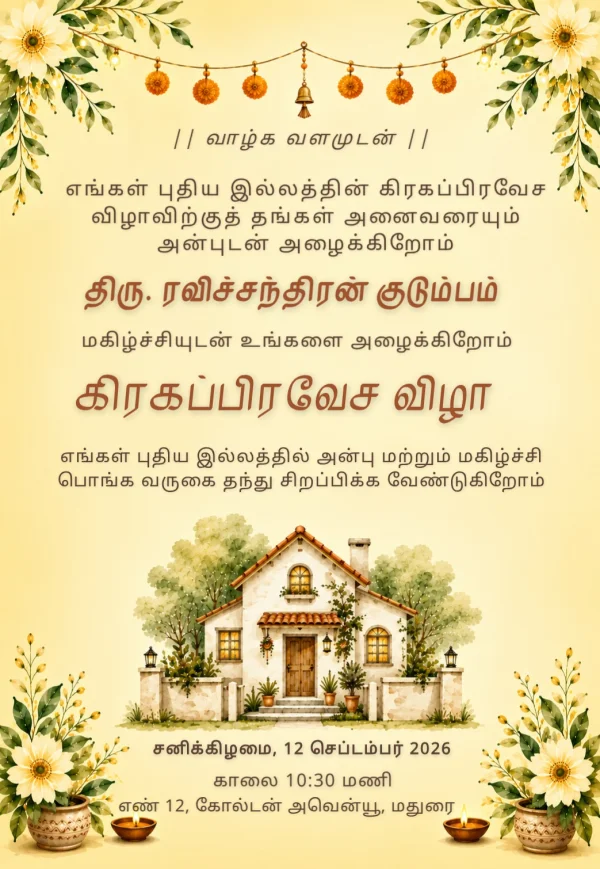Marigold Floral Tamil Grahapravesam Invitation Template — Housewarming invitation card template
