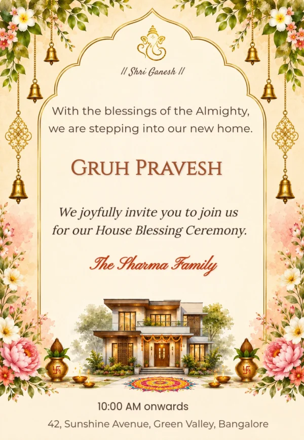 Ganesha Housewarming Invite with Floral Arch — Housewarming invitation card template