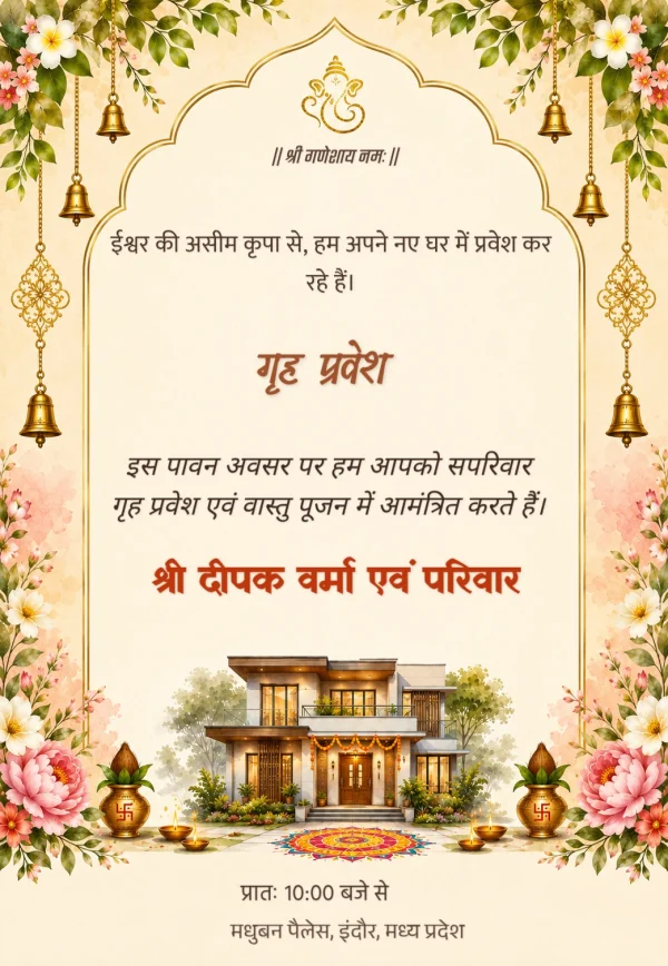Saffron Floral Griha Pravesh Hindi Invite — Housewarming invitation card template