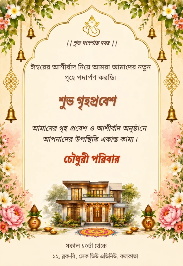 Gold Bell Floral Bengali Griha Pravesh Invite — Housewarming invitation card template