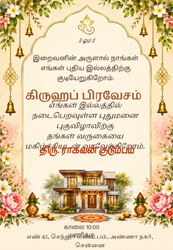 Golden Bell Tamil Grahapravesam Invitation Template — Housewarming invitation card template