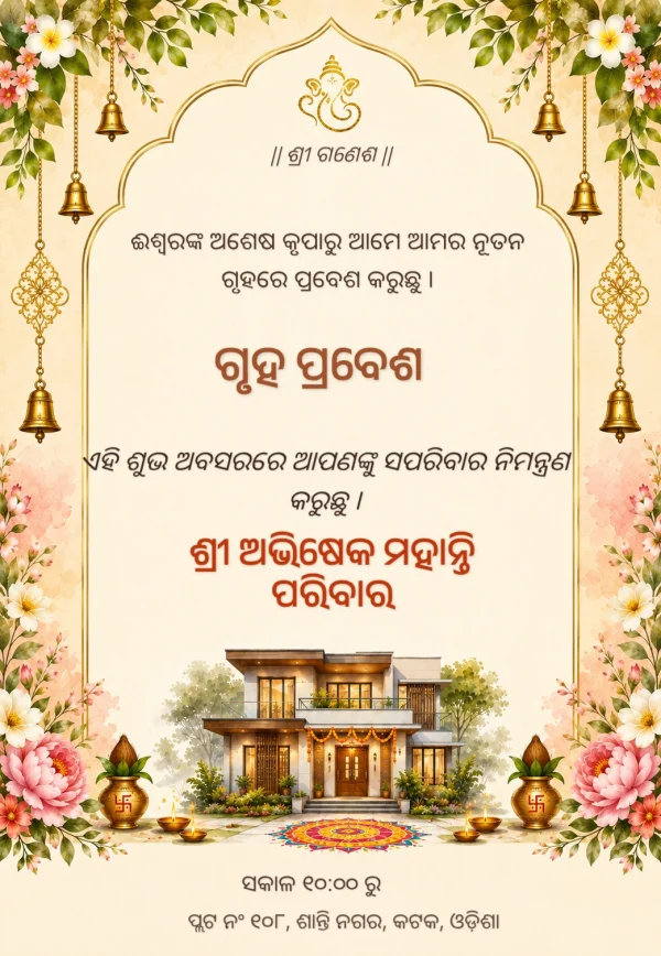 Floral Bell Odia Gruha Prabesha Invite Template — Housewarming invitation card template
