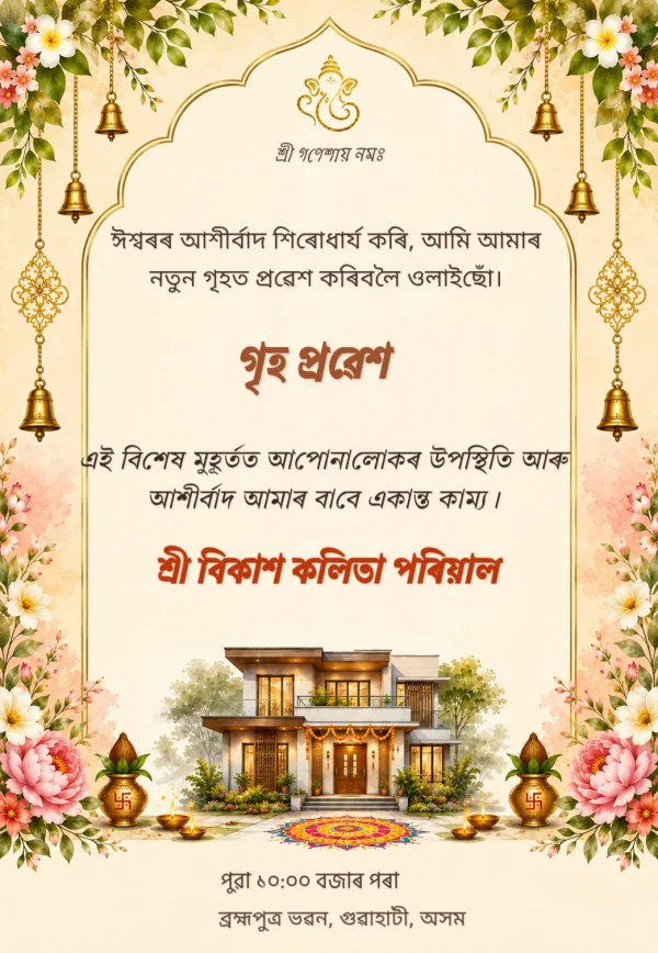Gold Bell Assamese Griha Pravesh Invitation invitation template