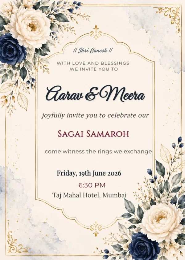 Navy and Cream Floral engagement Template — Engagement invitation card template