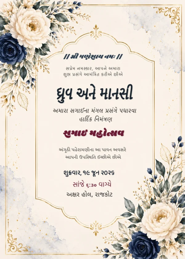 Pink Floral Gold Frame Gujarati Sagai Card — Engagement invitation card template