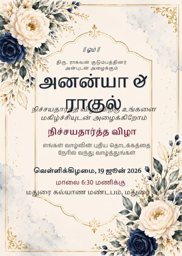 Gold Floral Tamil Nichayathartham Invite Design — Engagement invitation card template