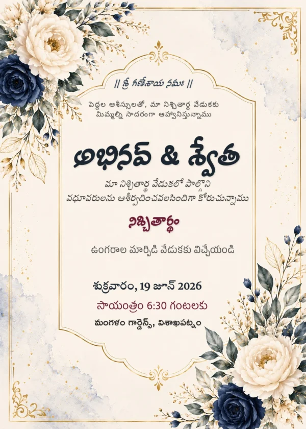 Floral Gold Border Telugu Nischitartham Invitation — Engagement invitation card template