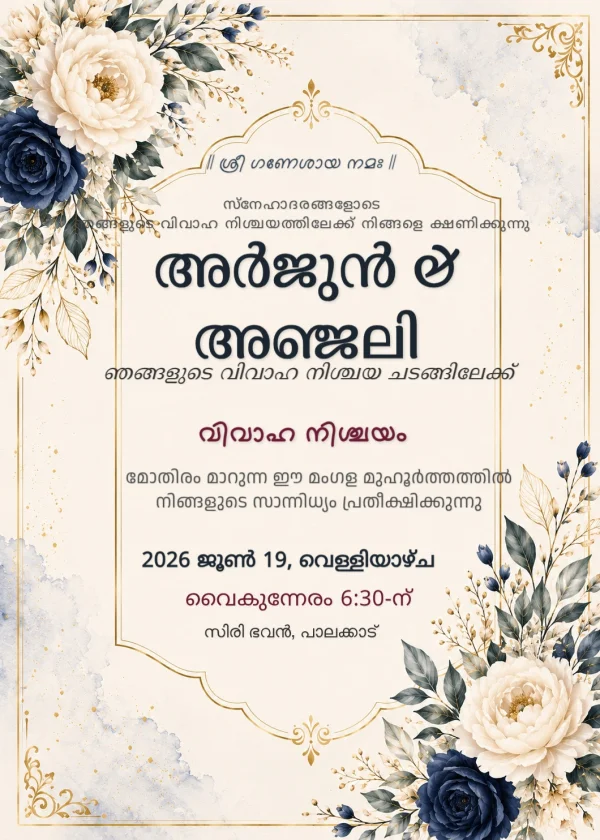 Gold Floral Malayalam Nischayam Engagement Card — Engagement invitation card template