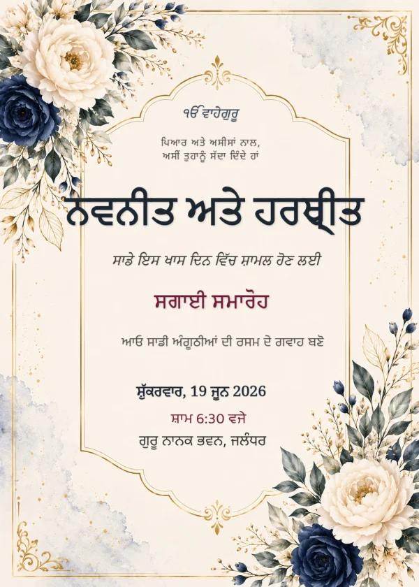 Navy Floral Punjabi Sagai Engagement Invite — Engagement invitation card template